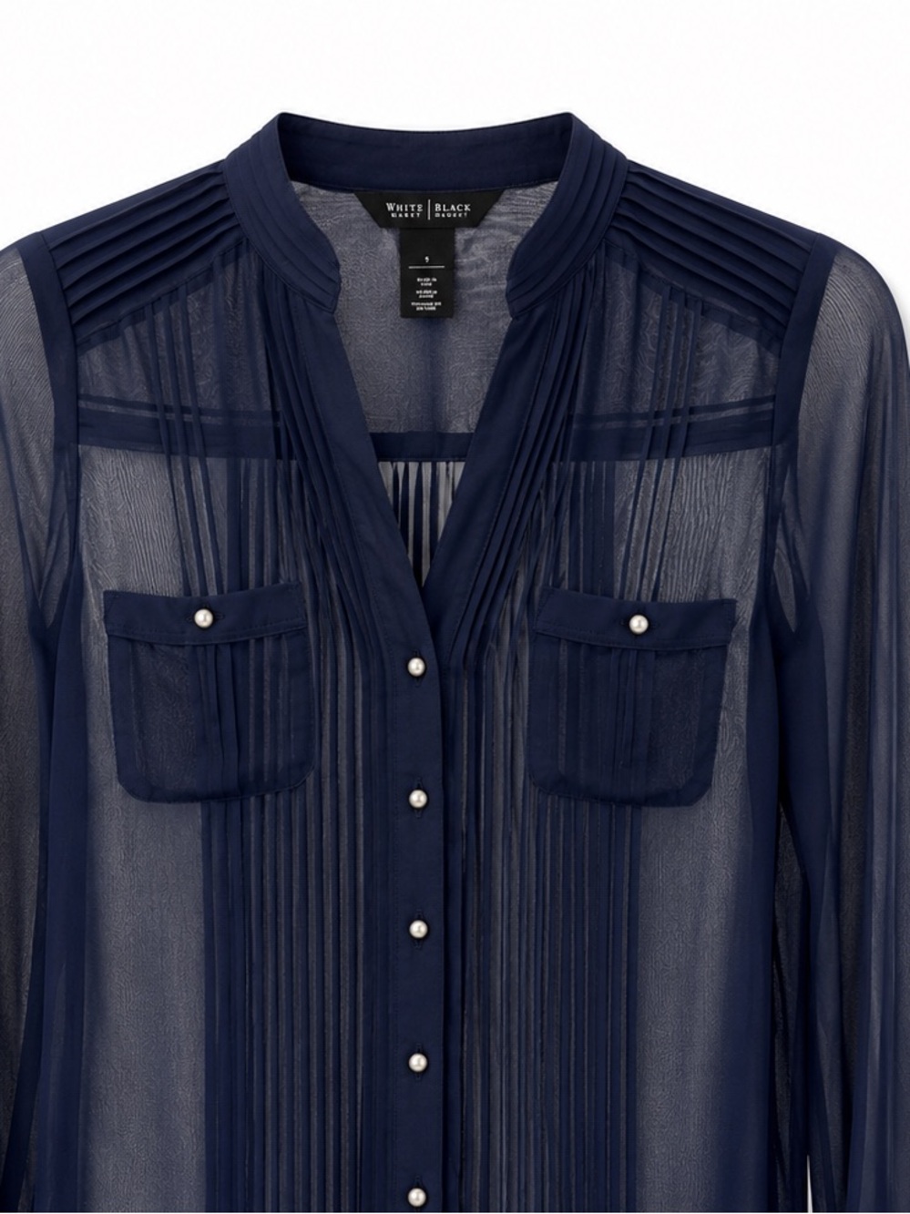 White House Black Market Navy Sheer Pintuck Button-Blouse - Picture 5 of 5